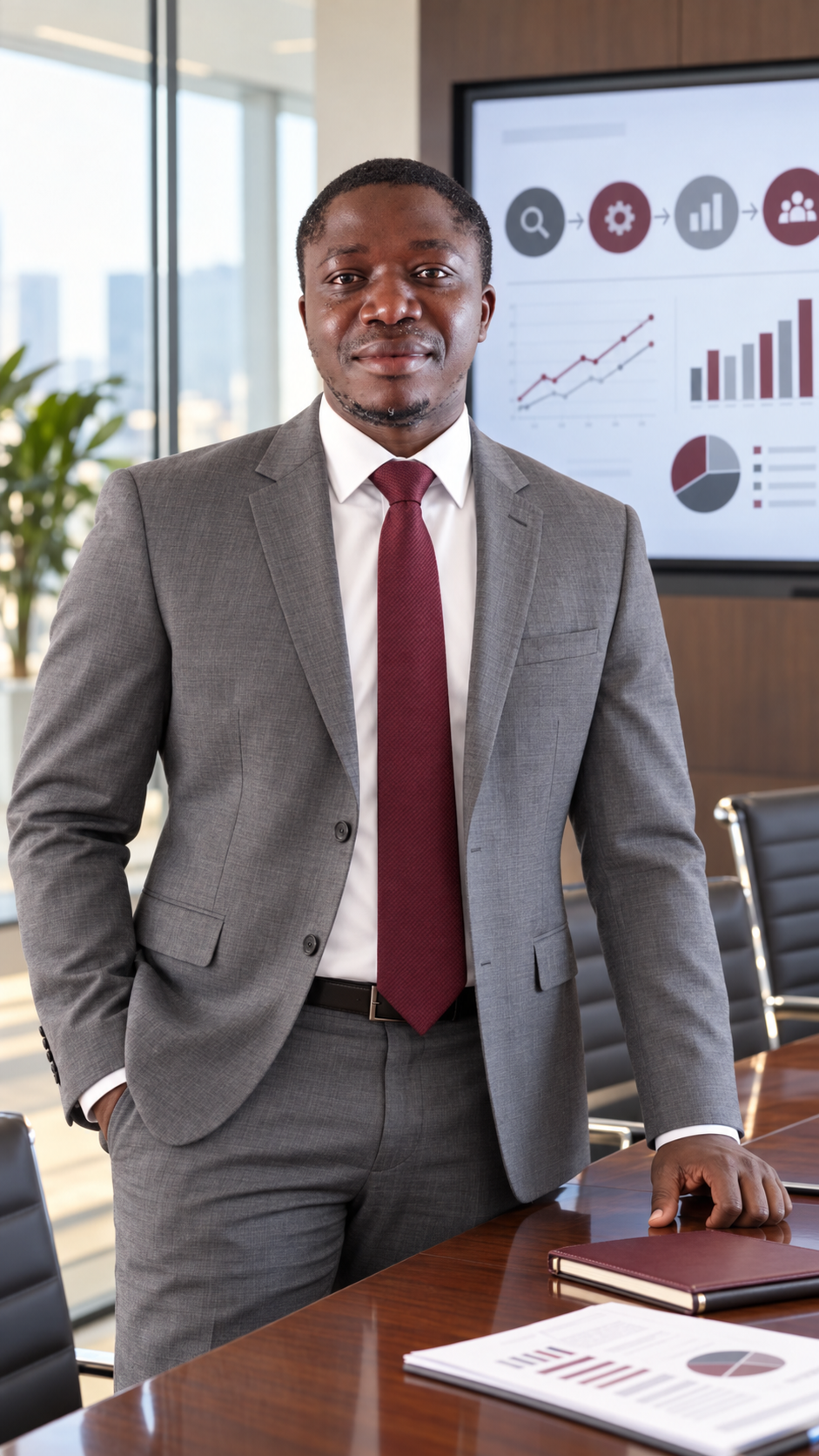 Mohamed Senesie Tucker as a business analyst in a corporate strategy room