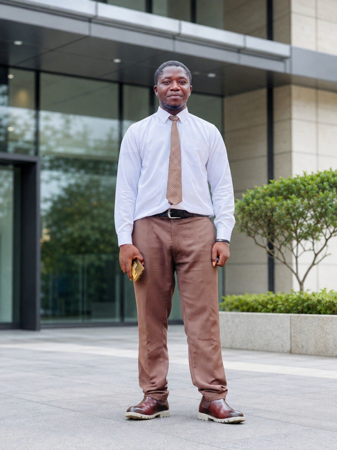 Mohamed Senesie Tucker in professional attire outside an office building