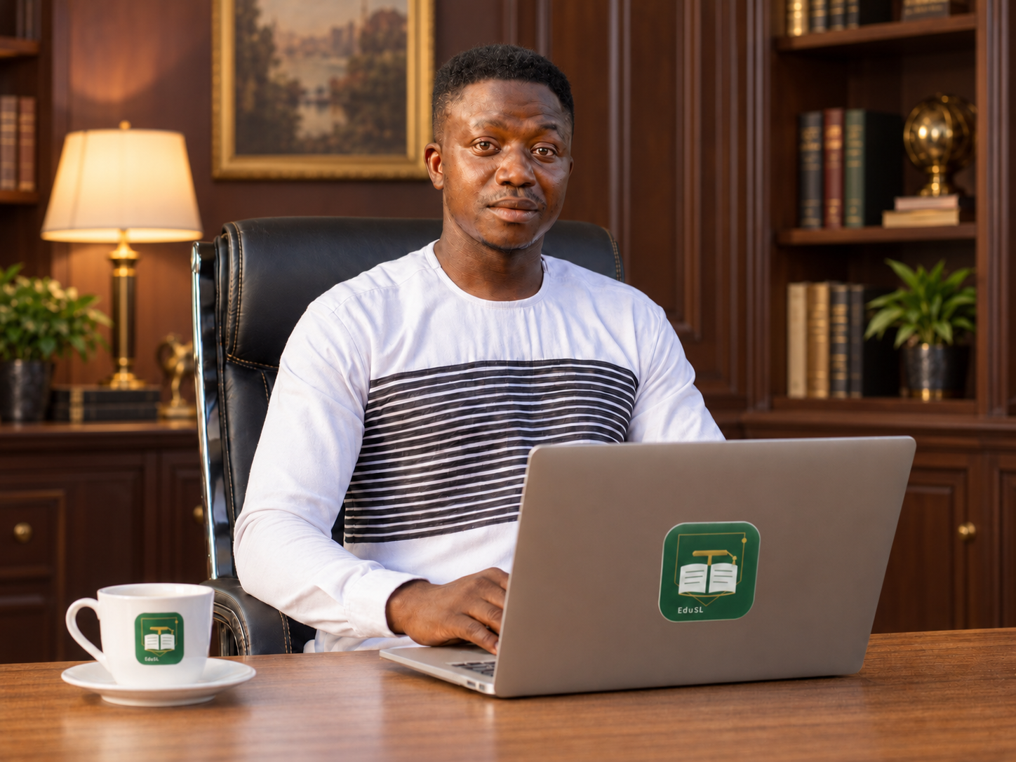 Mohamed Senesie Tucker working at a laptop in a classic executive office